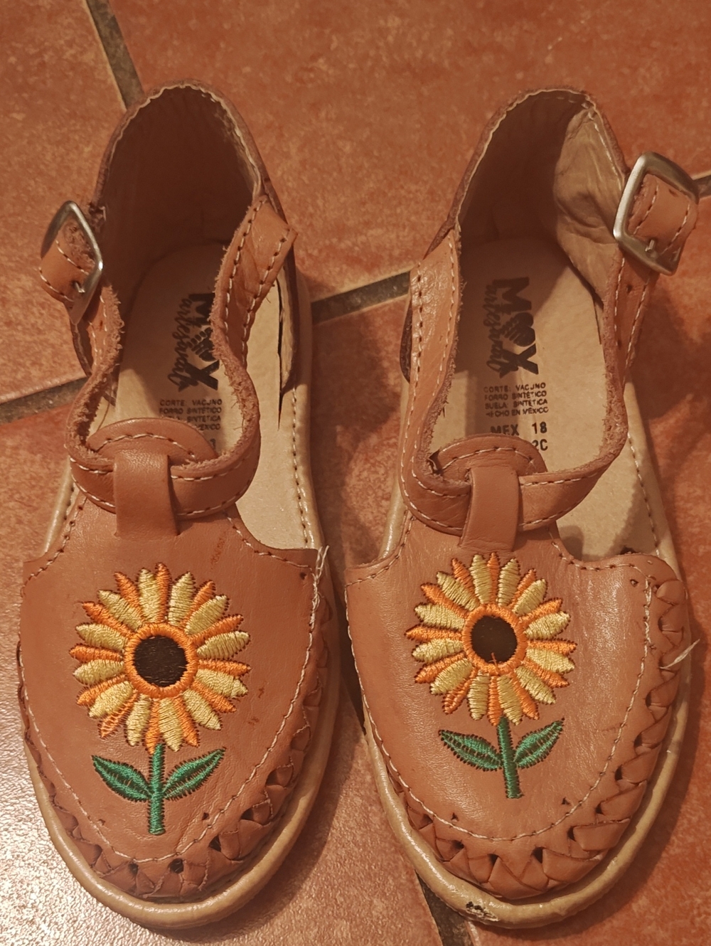 Kids Tan Leather Sunflower Mary Jane Shoes